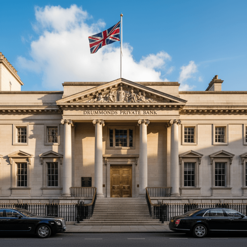 Drummonds Private Bank head office building at 49 Charing Cross, London — a grand neoclassical Portland stone facade with Corinthian columns and brass entrance doors