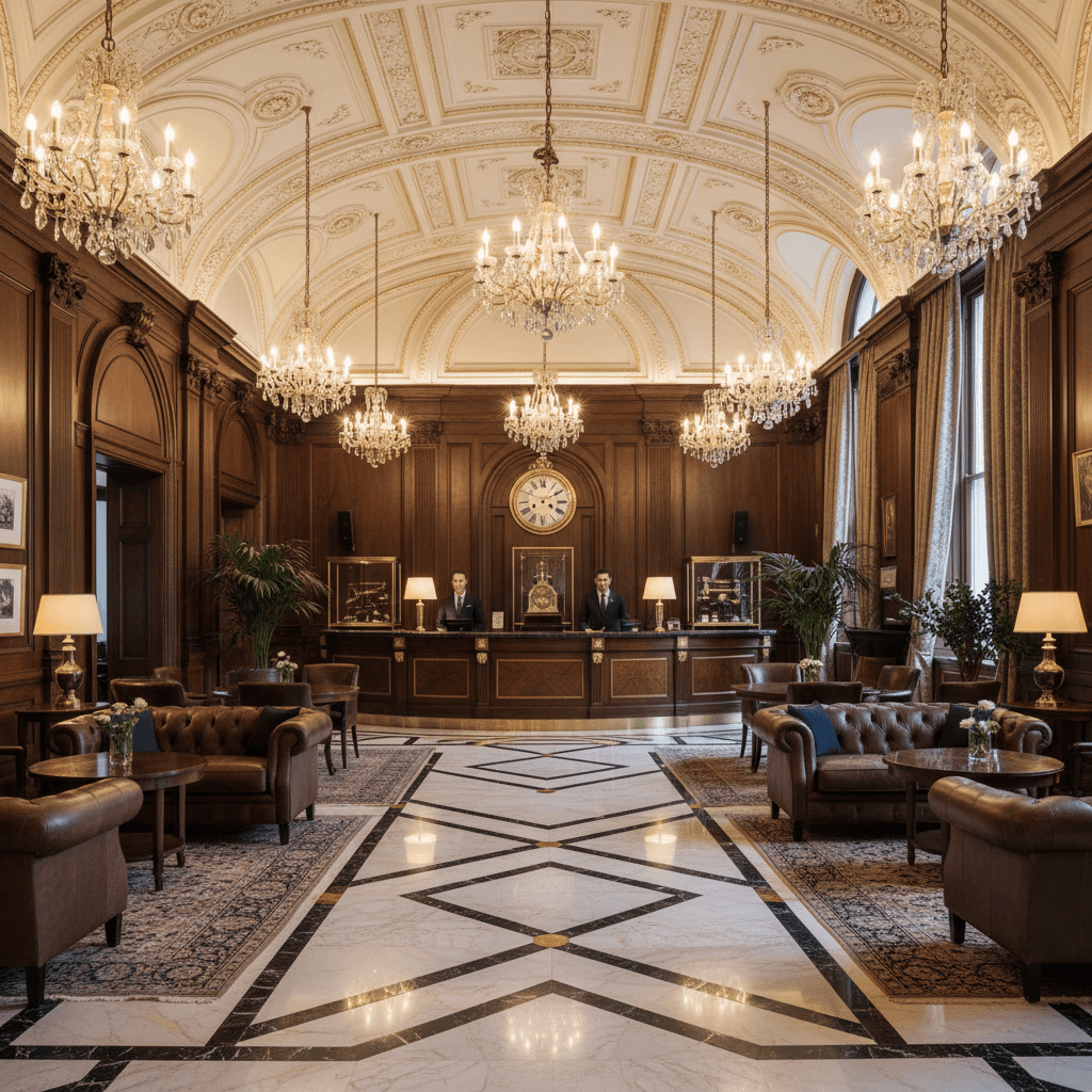 Drummonds Bank interior lobby with marble floors, crystal chandeliers, and mahogany reception desk — the epitome of private banking elegance